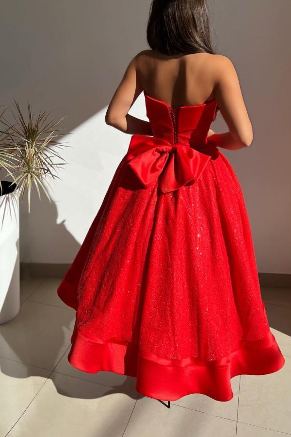 Bmbridal Red Ball Gown Strapless Sleeveless Stain Prom Dresses with Ruffles