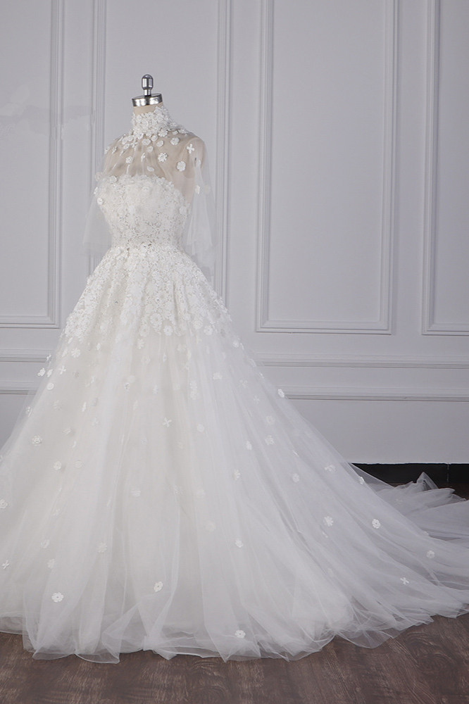 BMbridal Chic High-Neck Tulle Lace Wedding Dress Appliques Beadings Long Sleeves Bridal Gowns On Sale-BMbridal