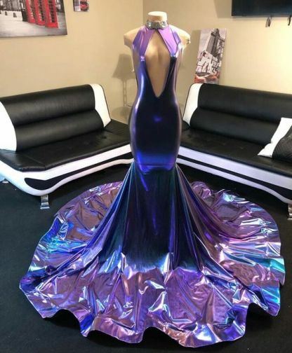Bmbridal Purple High Neck Prom Dress Mermaid Sleeveless