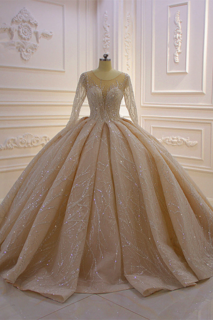 BMbridal Glamorous Ball Gown Tulle Jewel Wedding Dress Long Sleeves Ru Bmbridal