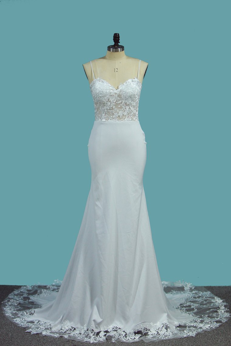 BMbridal Sexy Spaghetti Straps Satin Wedding Dress Mermaid Lace Applqiues Bridal Gowns On Sale-BMbridal