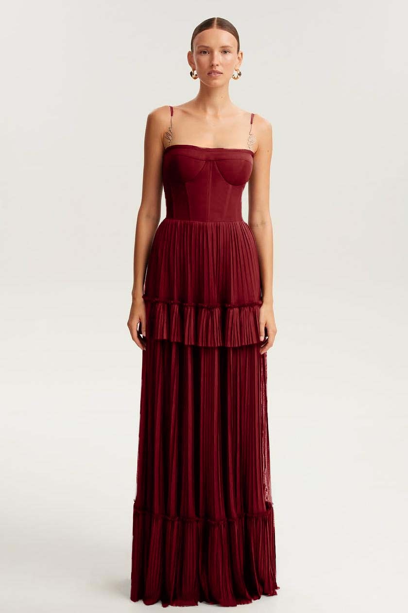 Spaghetti Strap Sleeveless Long Prom Dress With Ruffles