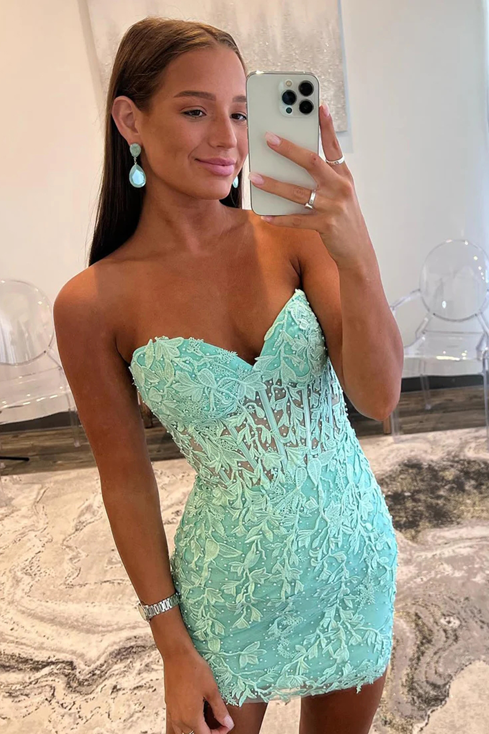 Mint Lace Sweetheart Tight Short Homecoming Dress-BMbridal