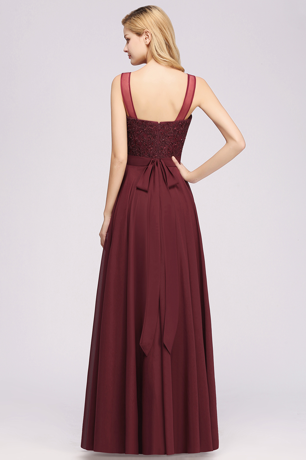 BMbridal Gorgeous Lace Jewel Affordable Pink Bridesmaid Dress with Beadings-BMbridal