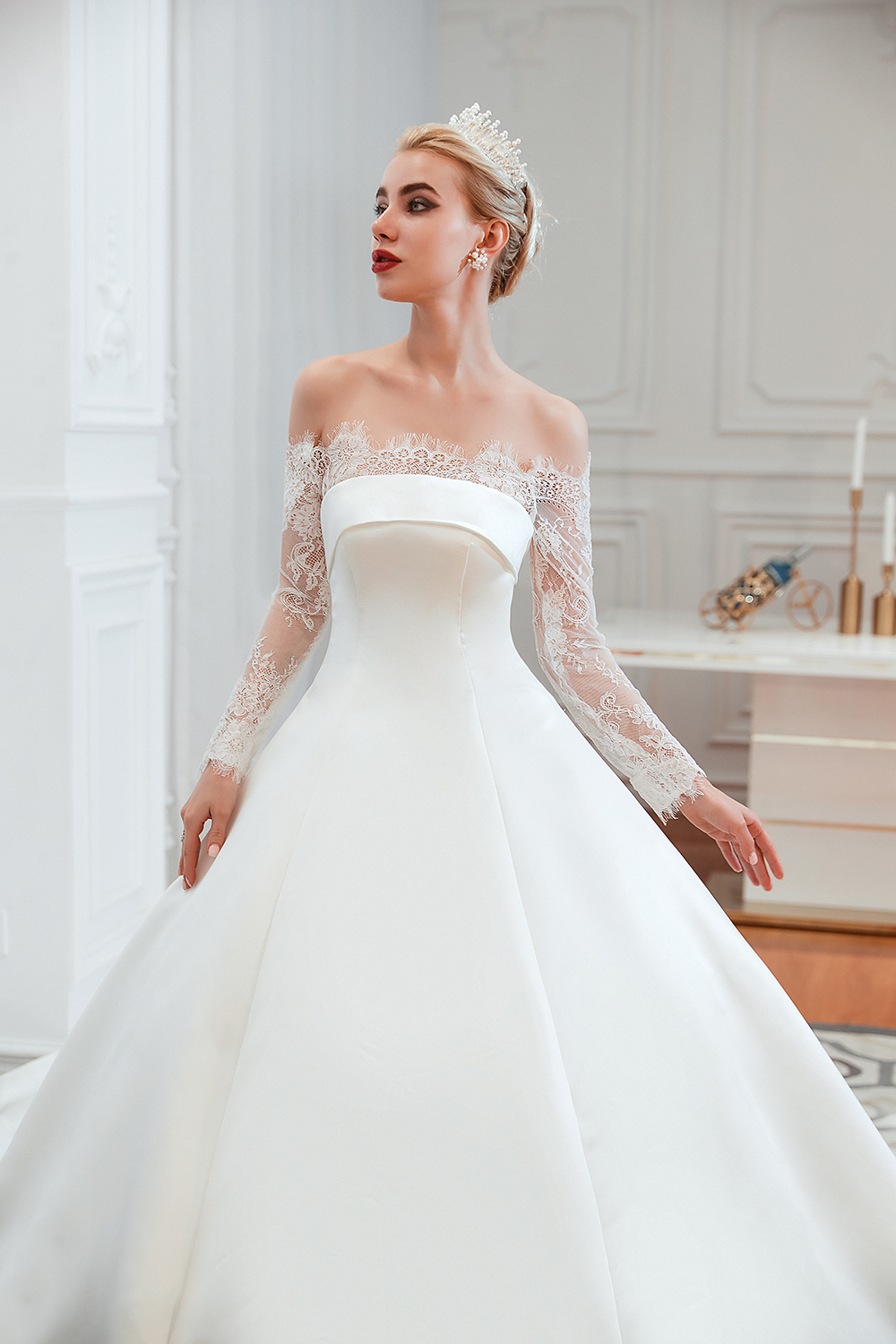 BMbridal Long Sleeve Off-the-Shoulder Satin Wedding Dress With Lace