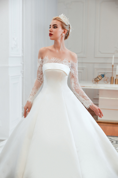 BMbridal Long Sleeve Off-the-Shoulder Satin Wedding Dress With Lace
