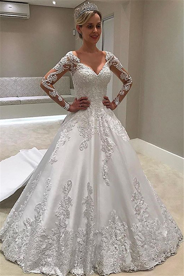 Bmbridal Long Sleeves Lace Appliques Wedding Dress A-Line Bridal Gowns-BMbridal