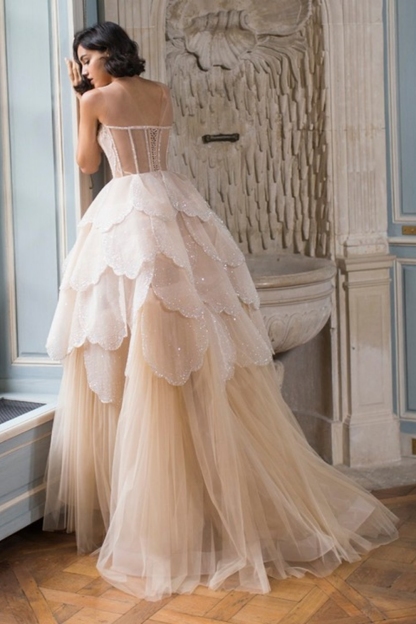 Bmbridal A-Line Hi-Lo Sleeveless Strapless Elegant Tulle Prom Dresses with Lace