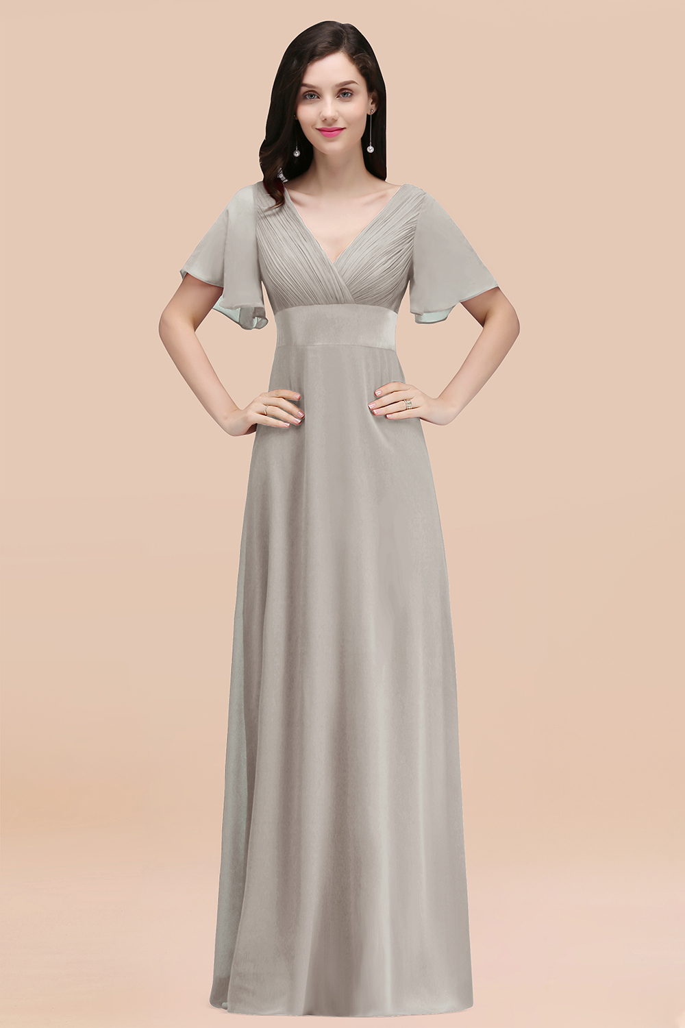 BMbridal Affordable V-Neck Ruffle Long Burgundy Bridesmaid Dress With Short-Sleeves-BMbridal