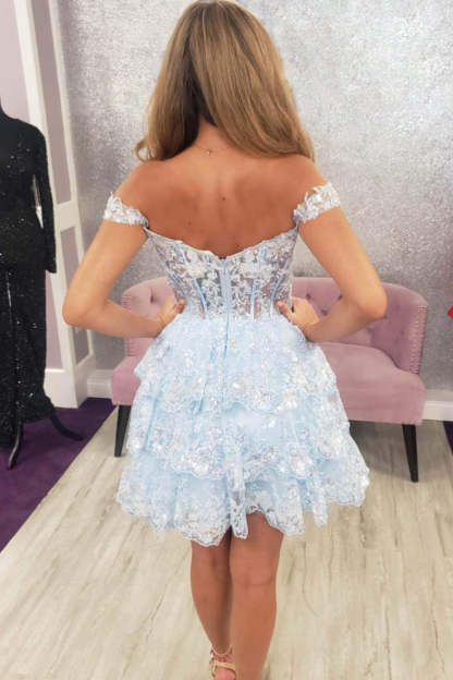Sparkly Blue Corset Tiered Lace A-Line Short Homecoming Prom Dress