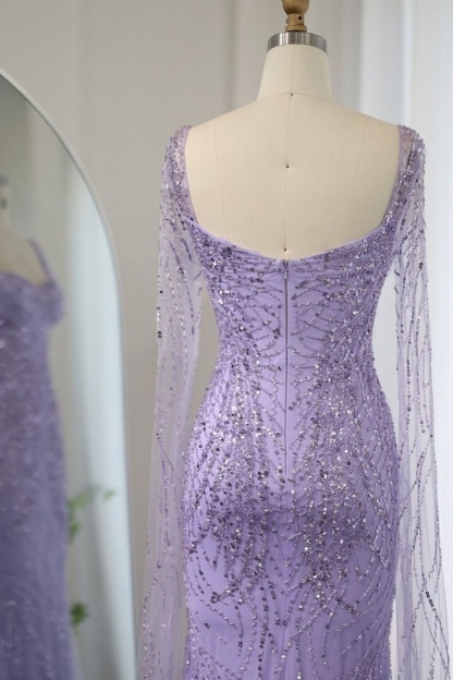 Bmbridal Lilac Tulle Square Column Sleeveless Floor-Length Prom Dresses with Lace