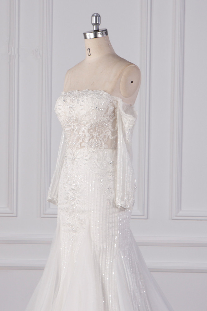 BMbridal Gorgeous Strapless White Tulle Lace Wedding Dress Long Sleeves Beadings Bridal Gowns On Sale-BMbridal
