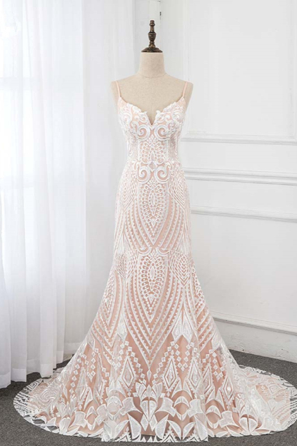 BMbridal Sexy Spaghetti Straps Appliques Ivory Wedding Dresses V-Neck Sleeveless Bridal Gowns