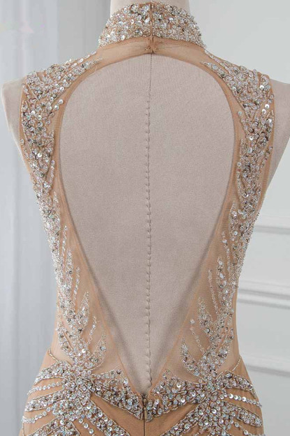 BMbridal Glamorous High-Neck Beadings Appliques Prom Dresses with Rhinestones