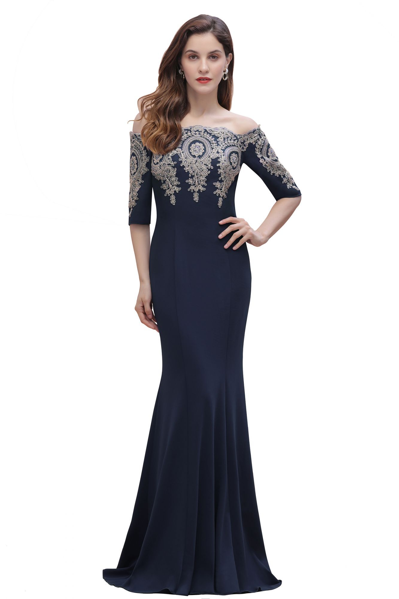 BMbridal Mermaid Off-Shoulder Chiffon Lace Half Sleeve Evening Dress