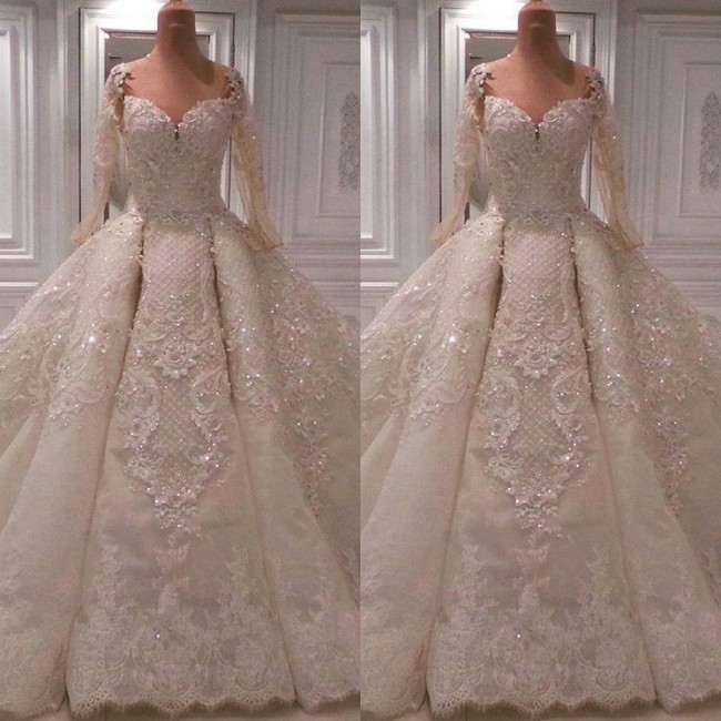 BMbridal Affordable Longsleeves Ivory Lace Wedding Dresses With Appliques A-line Ruffles Bridal Gowns On Sale-BMbridal