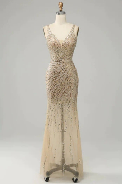 V-Neck Strapless Mermaid Prom Dress Long With Sequins