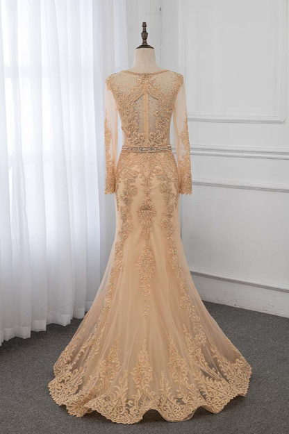 BMbridal Luxury Jewel Long Sleeves Mermaid Prom Dresses with Rhinestone Appliques Online