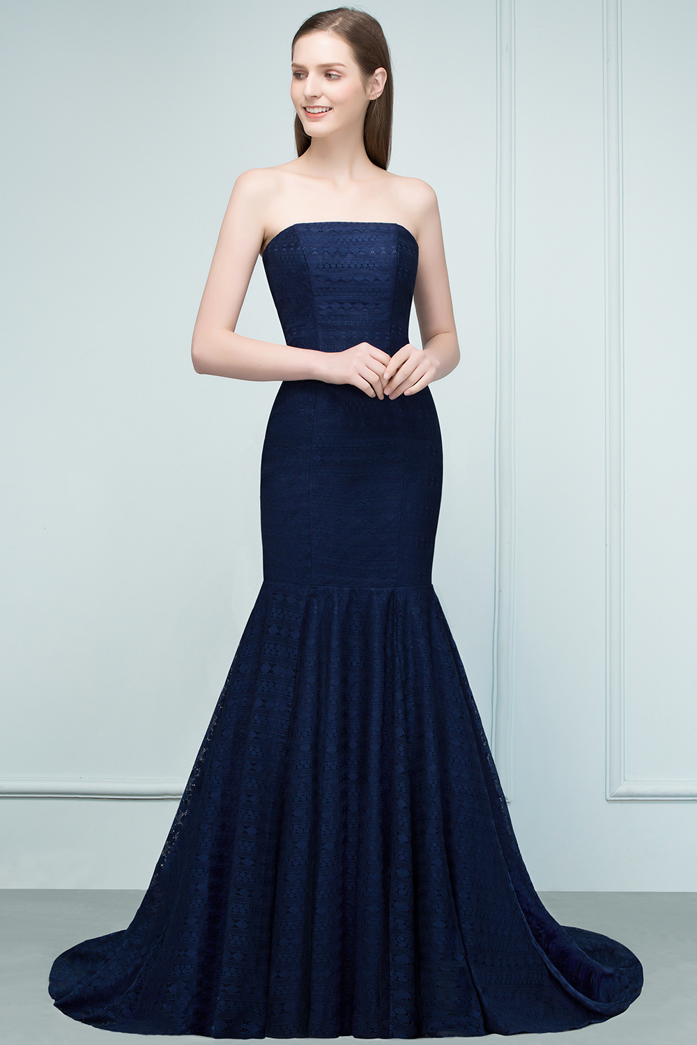 BMbridal Elegant Navy Strapless Lace Mermaid Evening Prom Dress Long Online