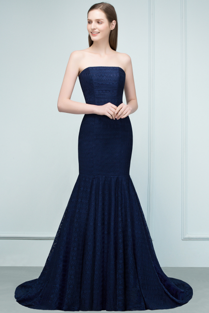 BMbridal Elegant Navy Strapless Lace Mermaid Evening Prom Dress Long Online