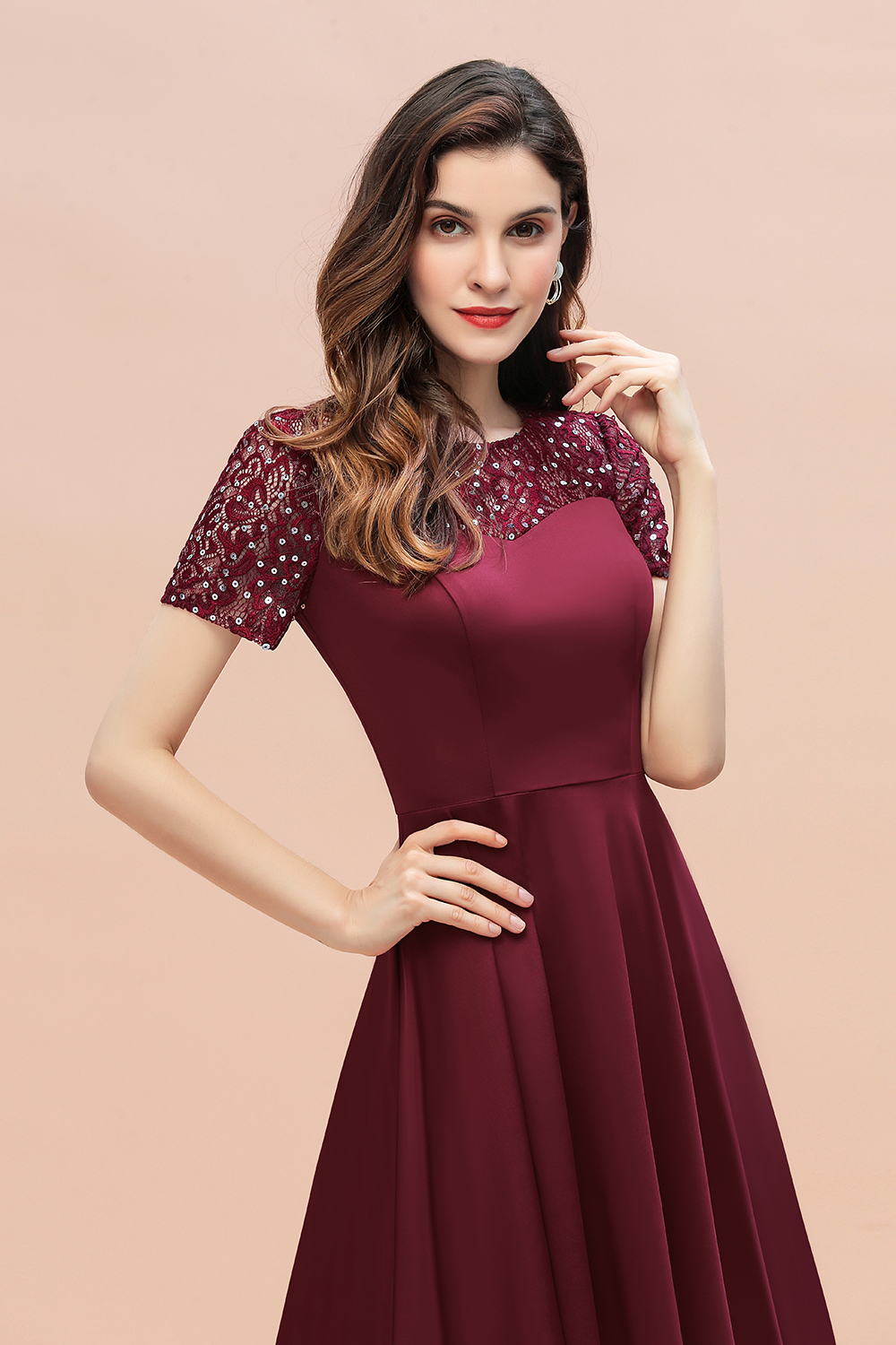 BMbridal Lovely Jewel Satin Sequins Bridesmaid Dress Short Sleeve Burgundy Cocktail Dress