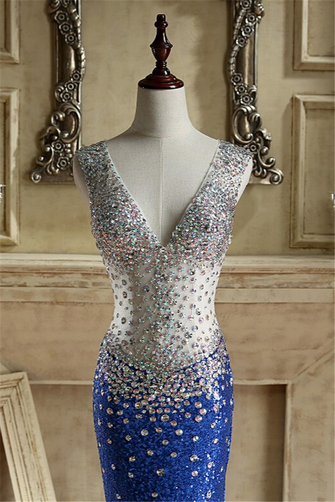 BMbridal Sparkly Sequined V-Neck Royal Blue Prom Dresses with Beadings