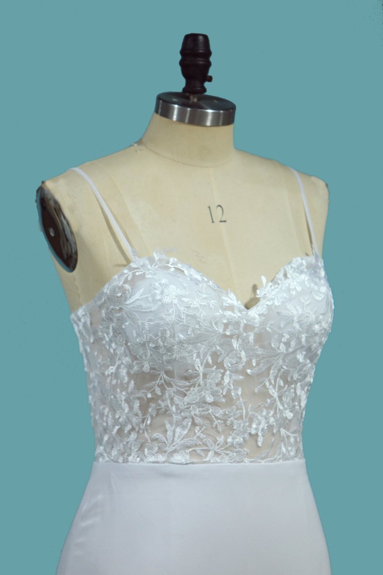 BMbridal Sexy Spaghetti Straps Satin Wedding Dress Mermaid Lace Applqiues Bridal Gowns On Sale-BMbridal