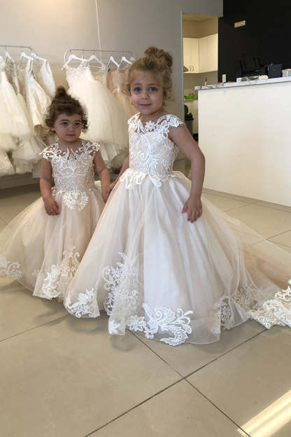 Cap Sleeves Appliques Flower Girl Dress-BMbridal.com