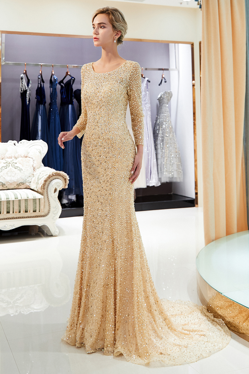BMbridal Glamorous Mermaid Long Sleeves Prom Dresses Long Sequins Formal Party Dresses