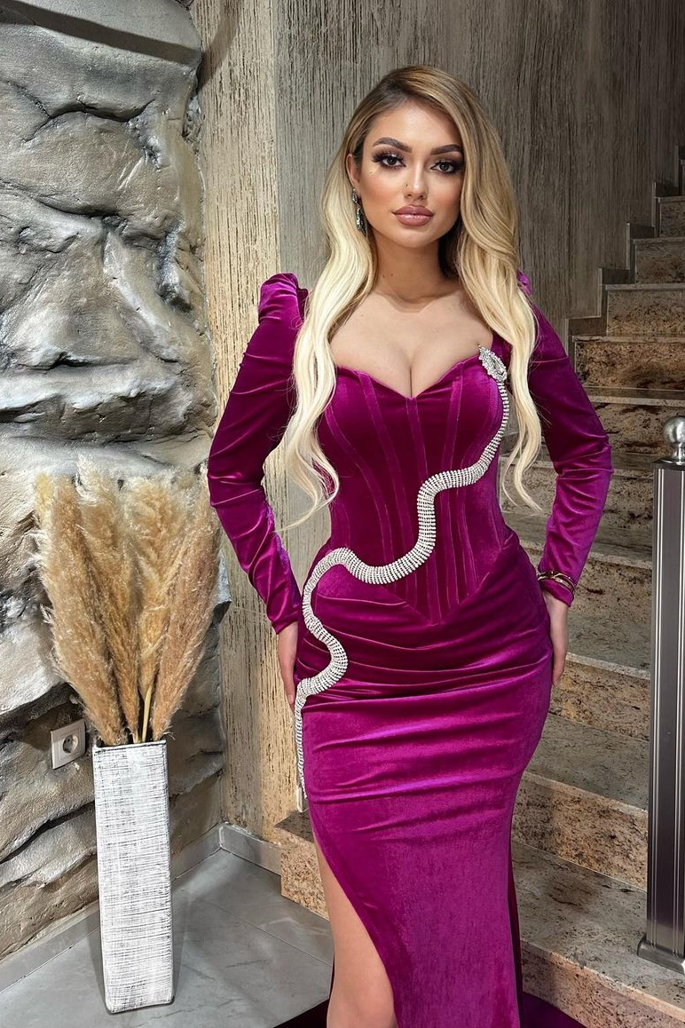 Classy Mermaid Halter Long Sleeve Rhinestone Satin Prom Dress With Splites