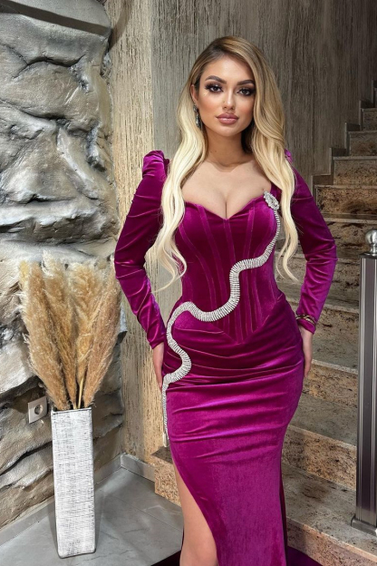 Classy Mermaid Halter Long Sleeve Rhinestone Satin Prom Dress With Splites
