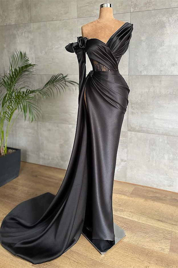 Black One Shoulder Long Sleeve Lace Pleated Long Prom Dress With Side Split