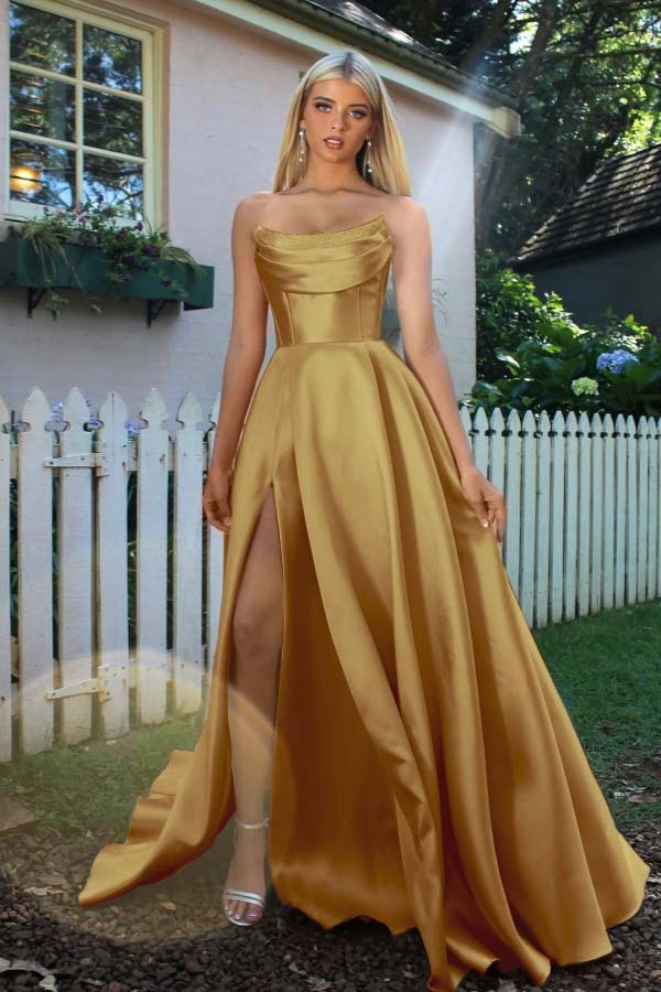 Strapless Sleeveless A Line Long Prom Dress With Split Pleated