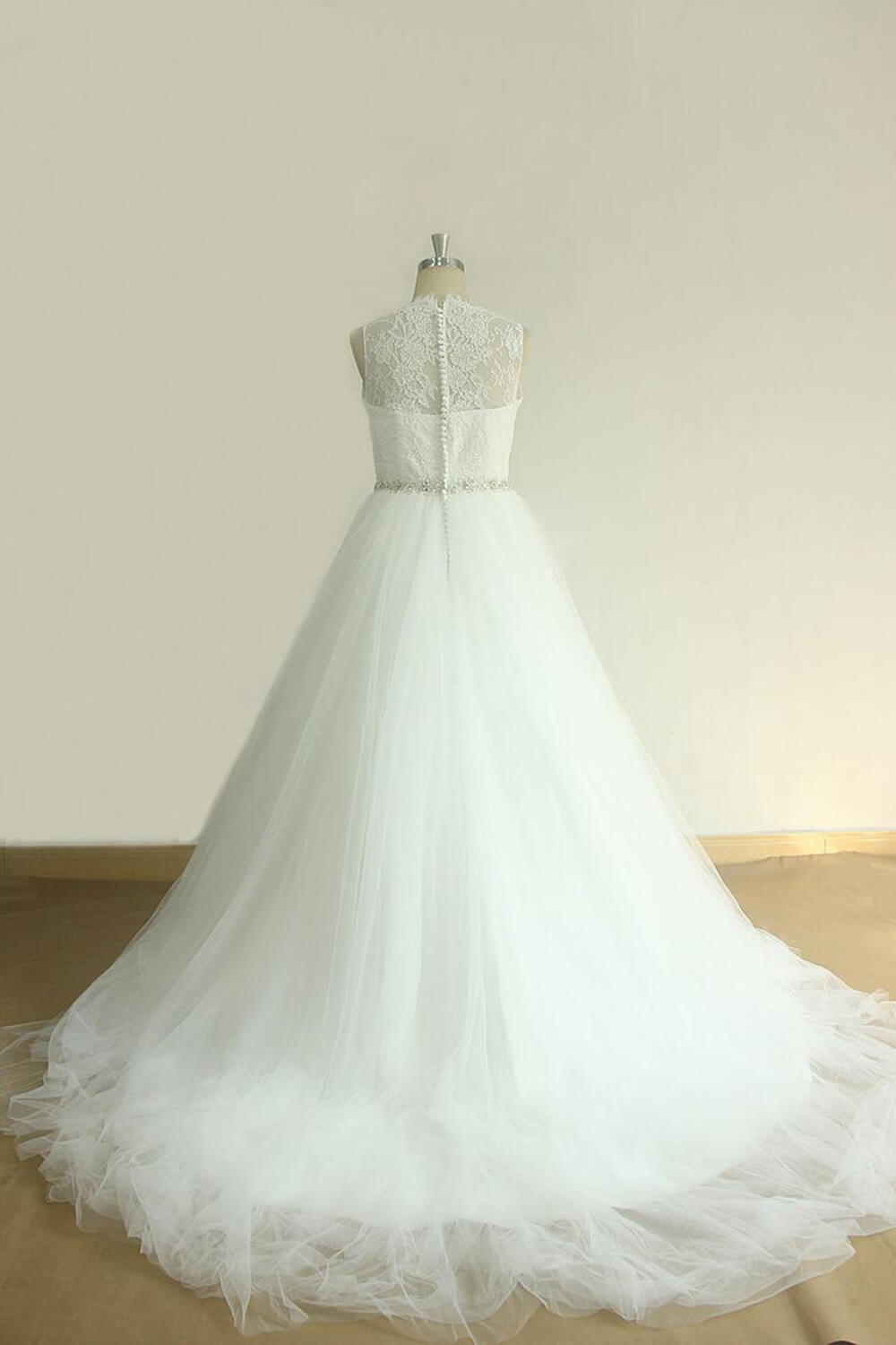 BMbridal Unique Jewel Sleeveless Lace Wedding Dresses White A-line Tulle Bridal Gowns On Sale