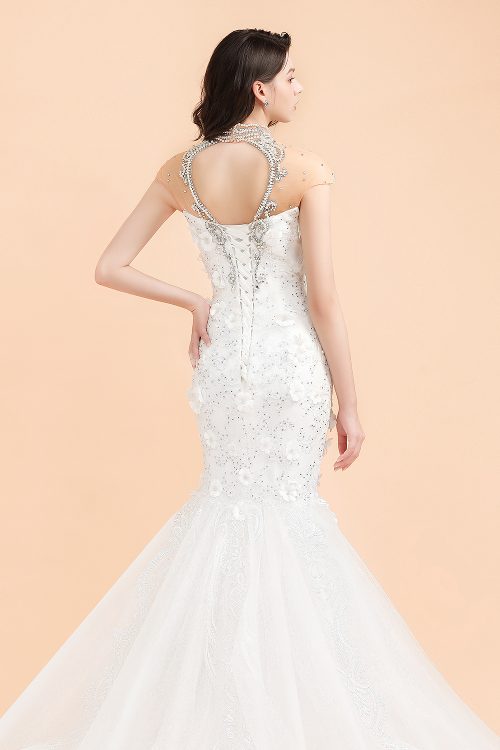 BMbridal Luxury Mermaid Wedding Dress Tulle Lace Sequins Sleeveless Bridal Gowns with Pearls-BMbridal
