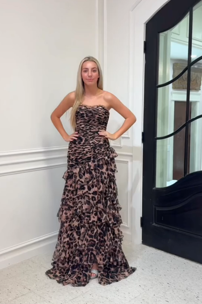 Sparkly Brown Leopard Beaded Strapless Tiered Long Prom Dress with Ruffles