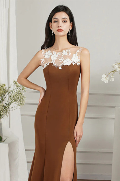 Bmbridal Brown Mermaid Prom Dress Slit Long With Appliques
