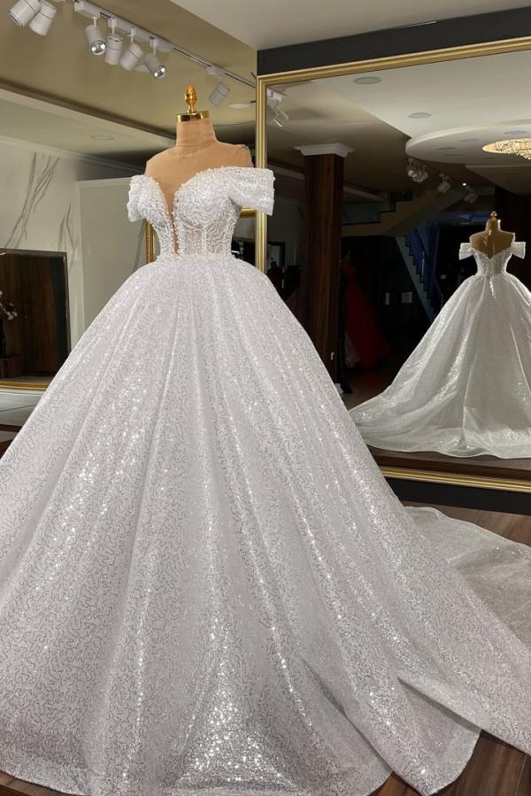 Romantic Off-the-Shoulder Long Ball Gowns Wedding Dress with Sequins