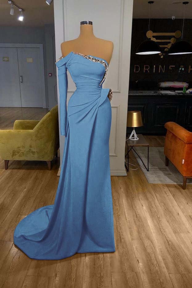 Orange Long Sleeves Sequins Long Pleated Mermaid Prom Dress With Beadings