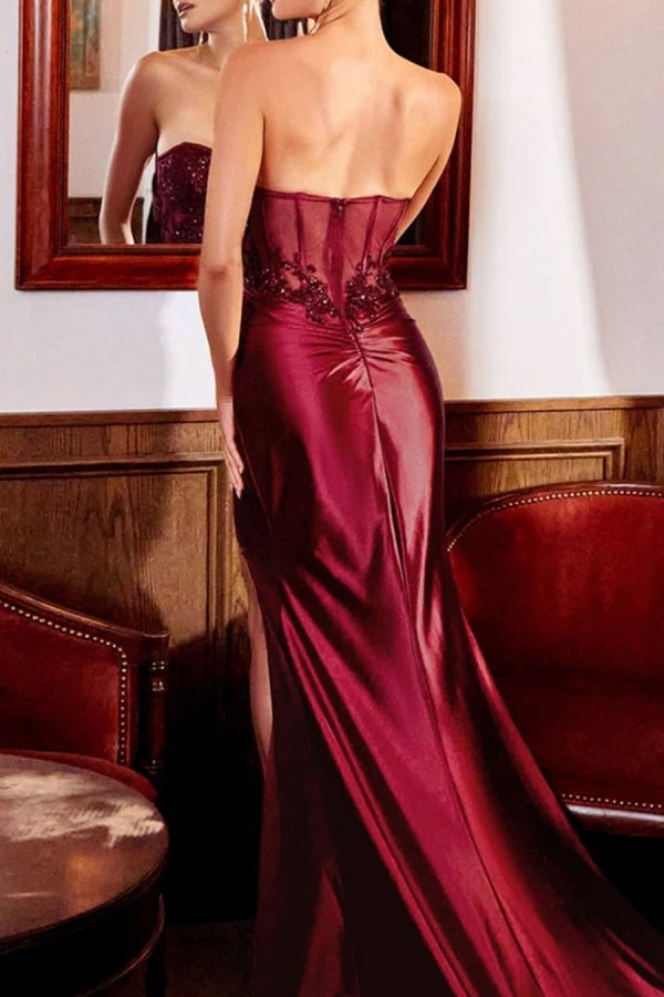 Bmbridal Sweetheart Burgundy Prom Dress Mermaid High Split