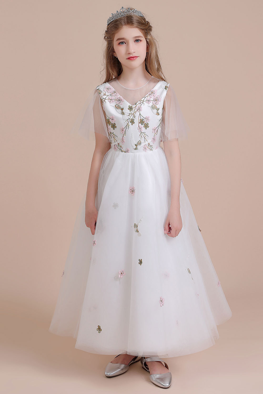 BMbridal A-Line Short Sleeve Embroidered Tulle Flower Girl Dress On Sale-BMbridal