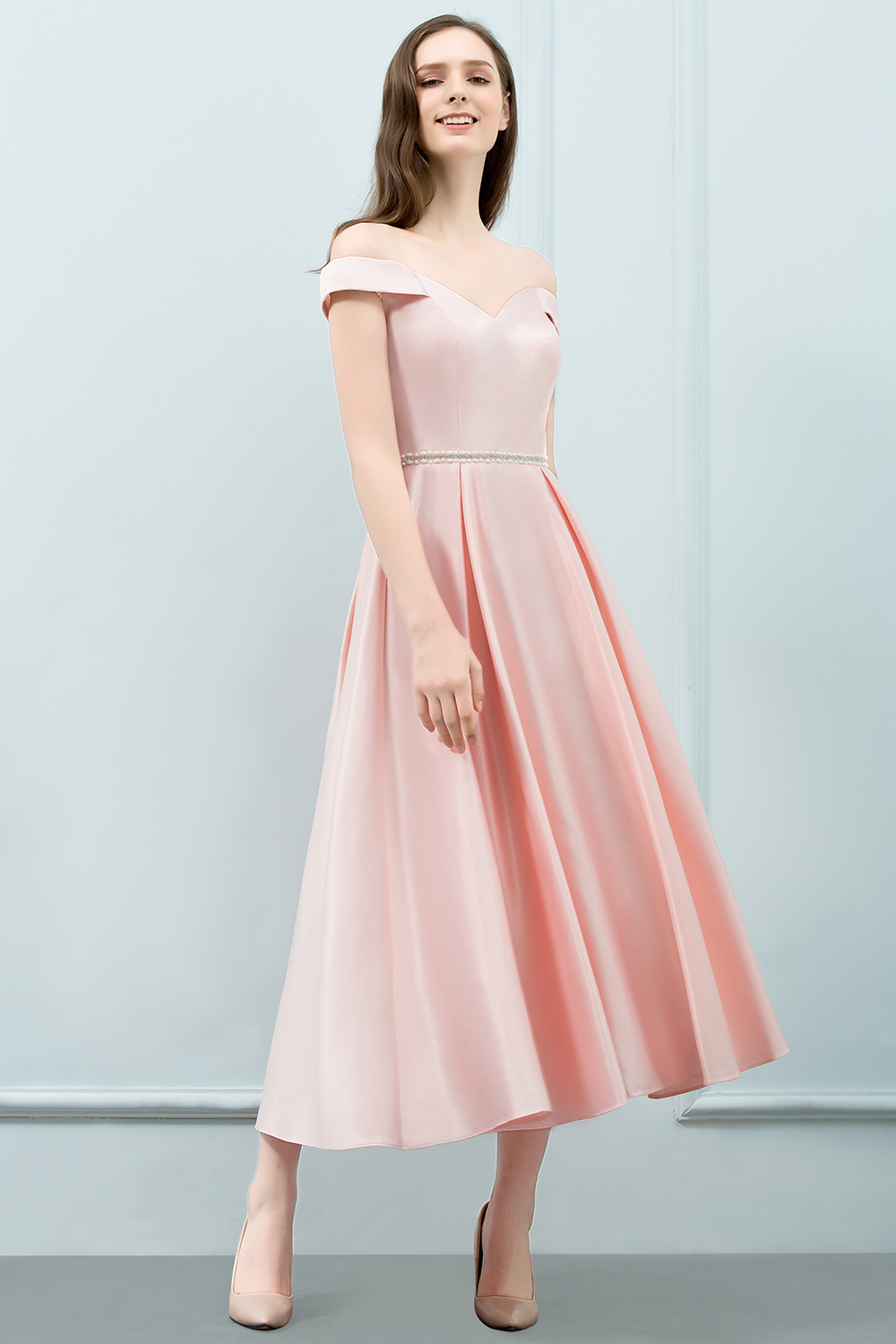BMbridal A-line Off-shoulder Tea Length Pink Prom Dress with Sash