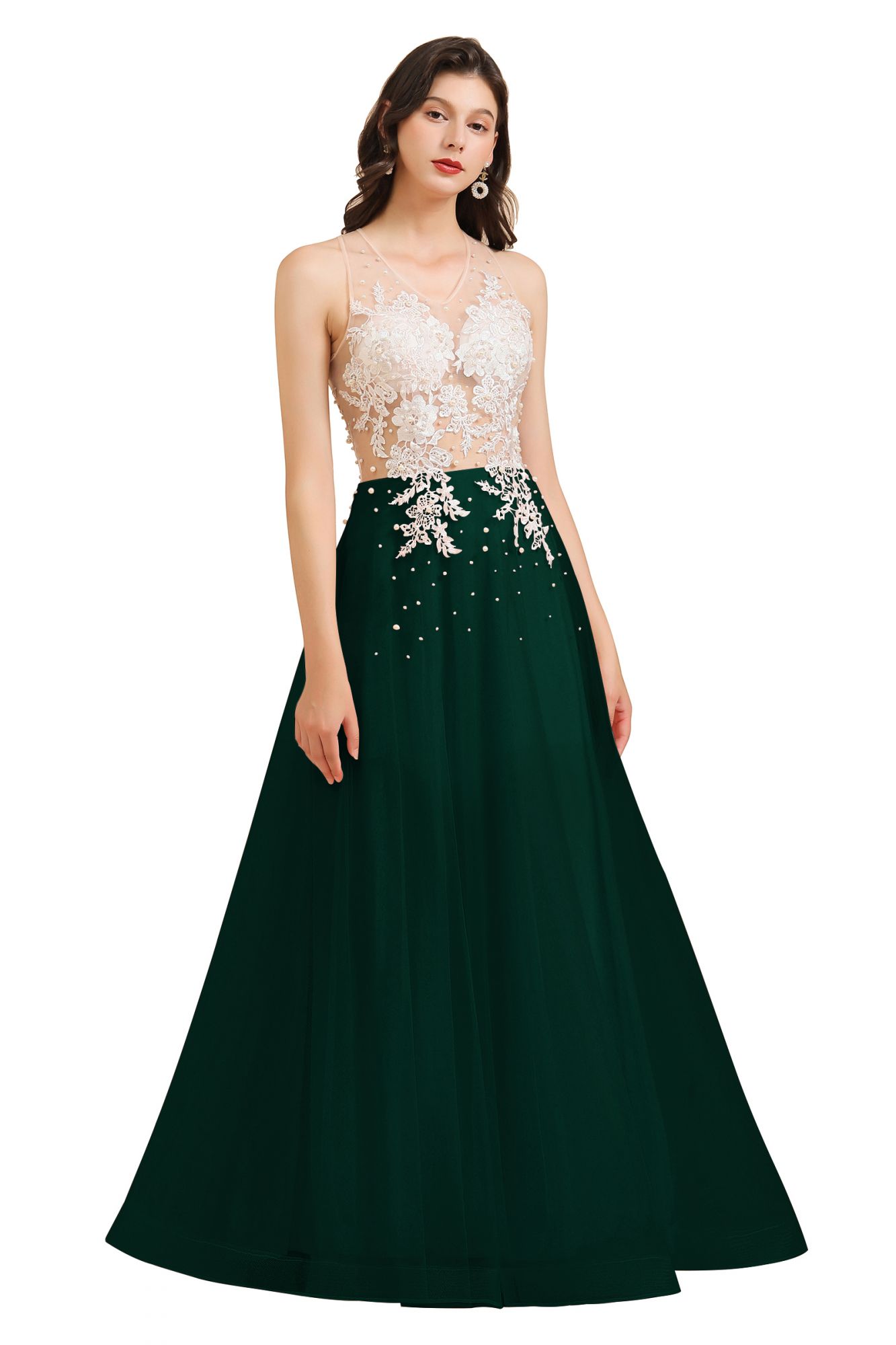 BMbridal Round Neck Lace Appliques Long Evening Prom Dress
