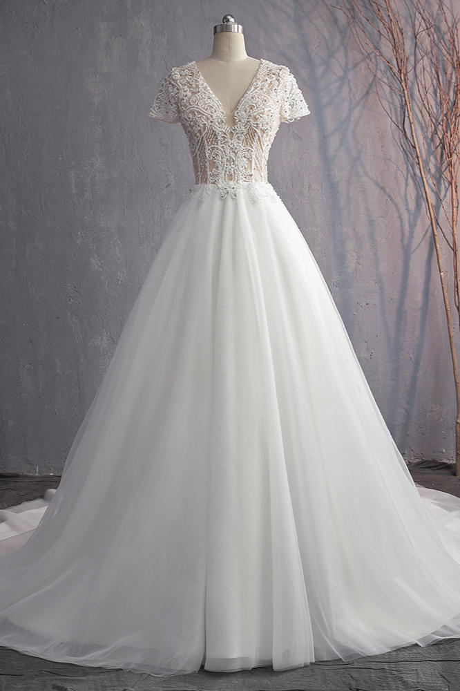 BMbridal Affordable V-Neck White Tulle Wedding Dress Short Sleeves Lace Appliques Bridal Gowns with Beadings-BMbridal