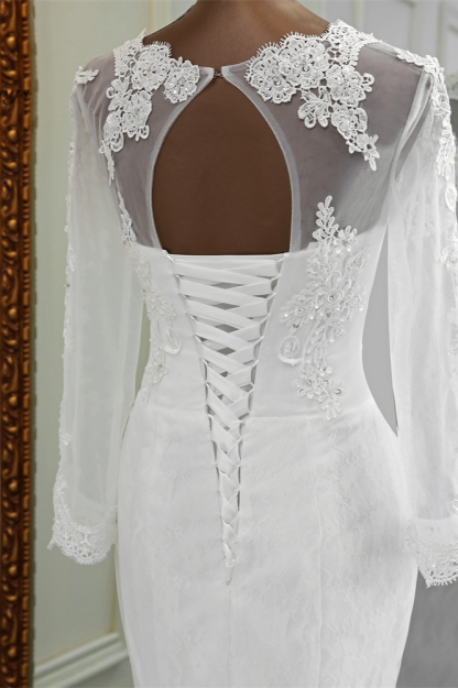 BMbridal Elegant Jewel Long Sleeves White Mermaid Wedding Dresses with Rhinestone Online