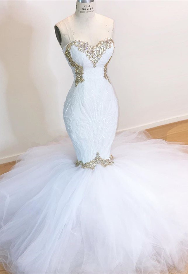 Bmbridal Sweetheart Mermaid Wedding Dress Tulle With Appliques-BMbridal