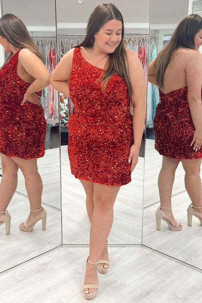 Sparkly Burgundy Sequins One Shoulder Tight Short Homecoming Dress