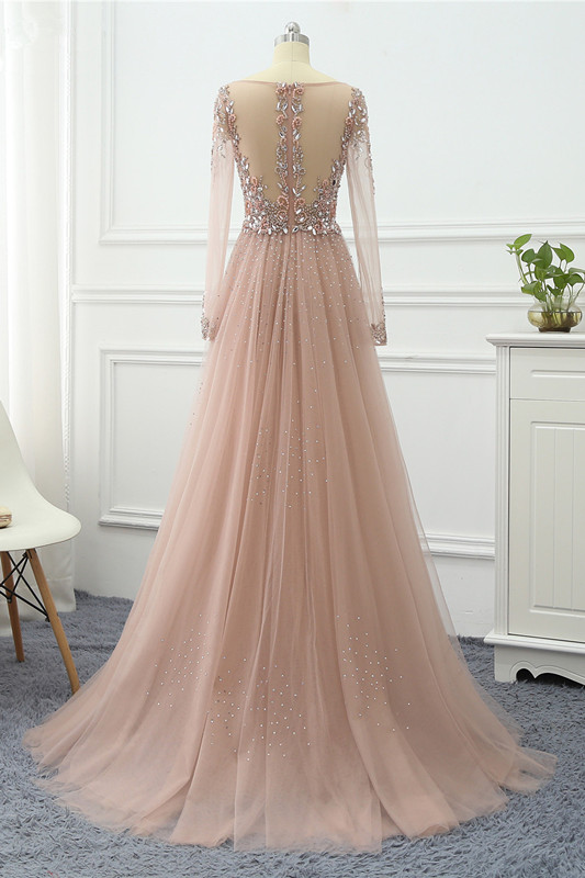 BMbridal Elegant V-Neck Long Sleeves Appliques Beadings Prom Dresses with Overskirt