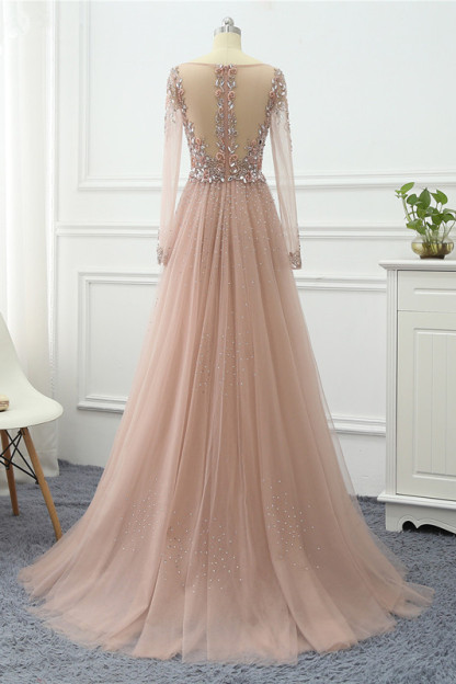 BMbridal Elegant V-Neck Long Sleeves Appliques Beadings Prom Dresses with Overskirt