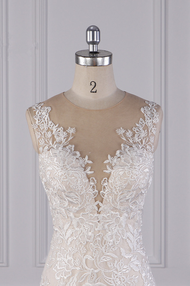BMbridal Elegant Jewel Tulle Lace Wedding Dress Appliques Sleeveless Mermaid Bridal Gowns Online-BMbridal